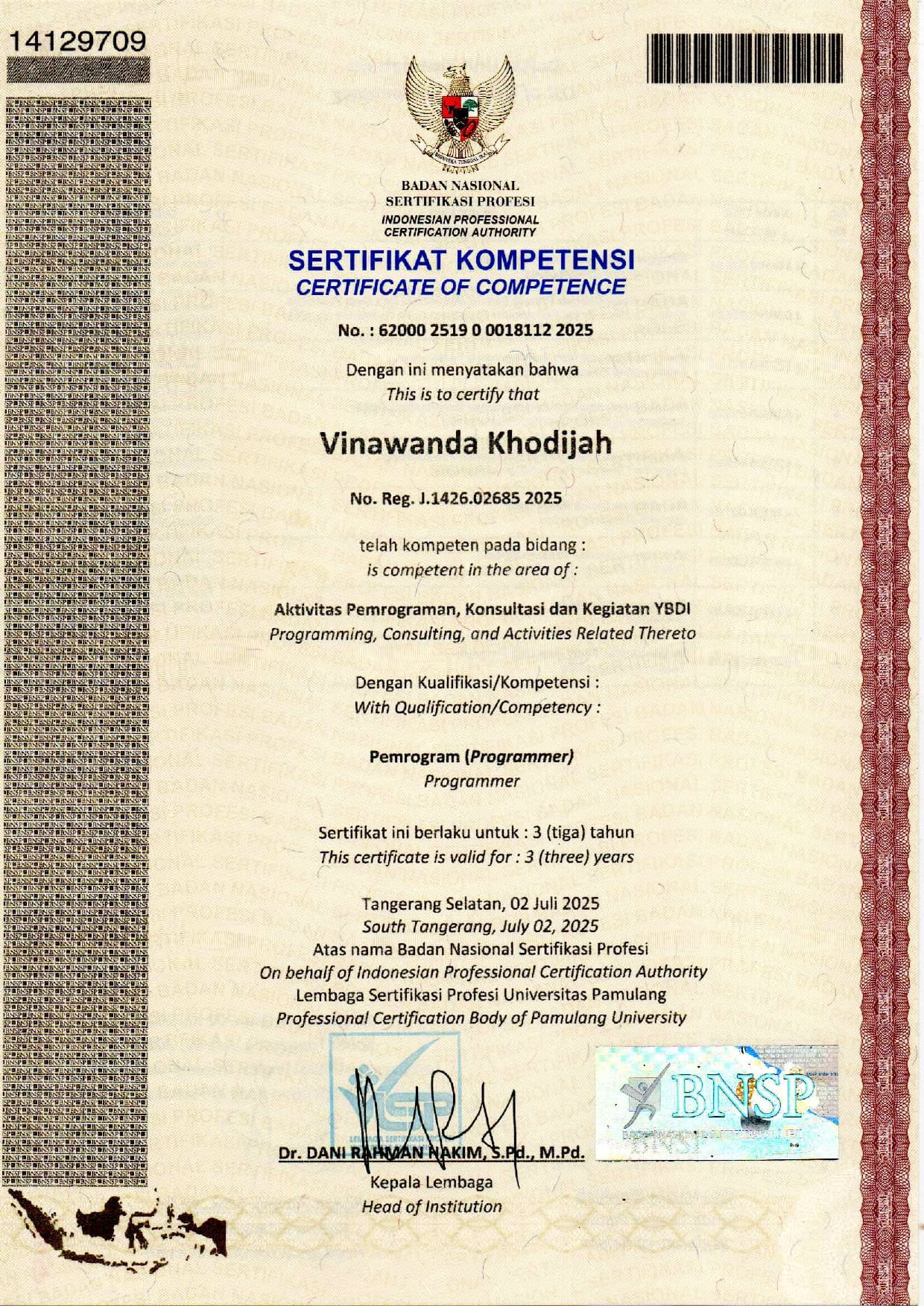 BNSP Programmer Certification certificate preview